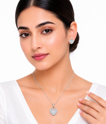 Silver Heart Lock Zircon Pendant & Earrings Set