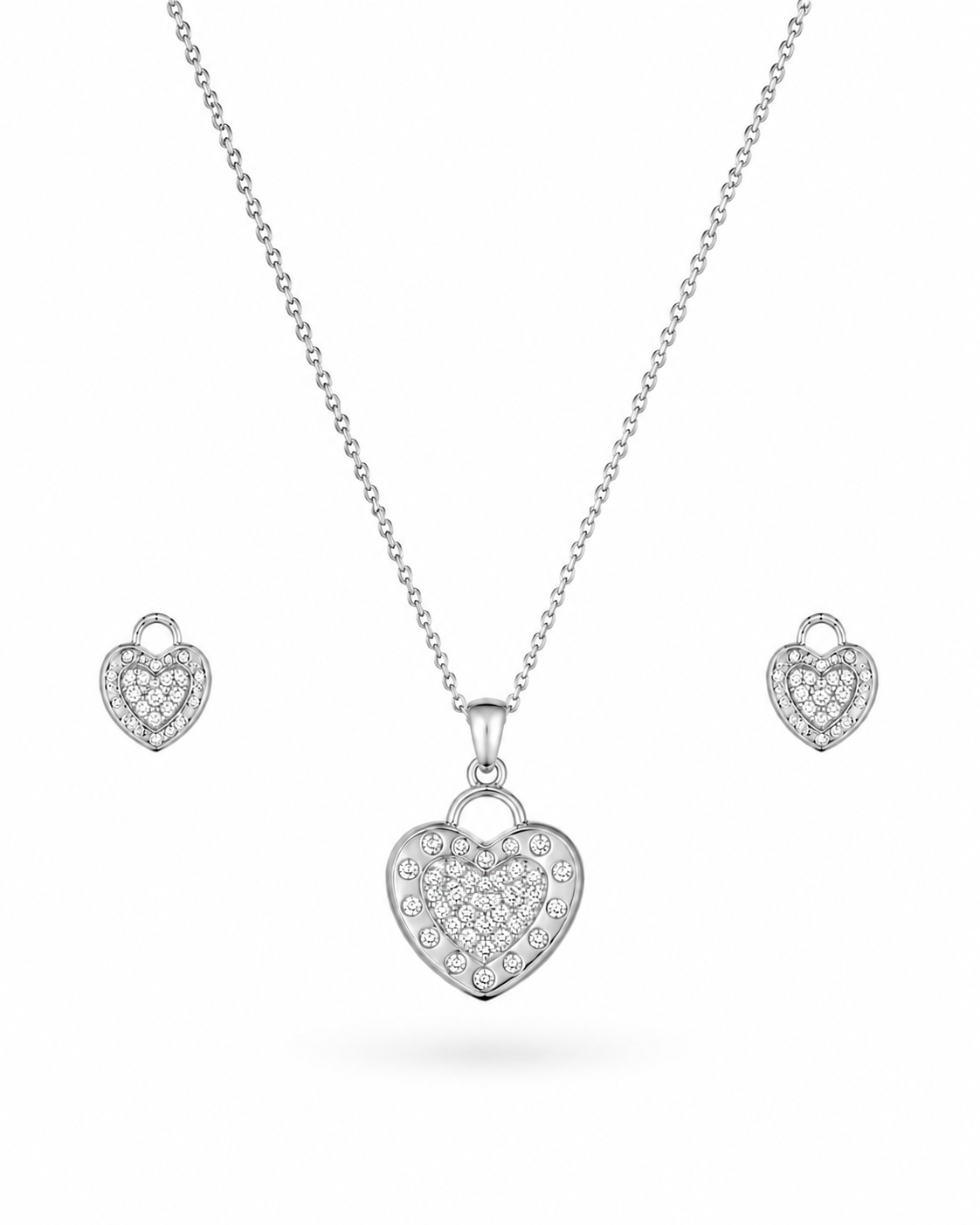 Silver Heart Lock Zircon Pendant & Earrings Set