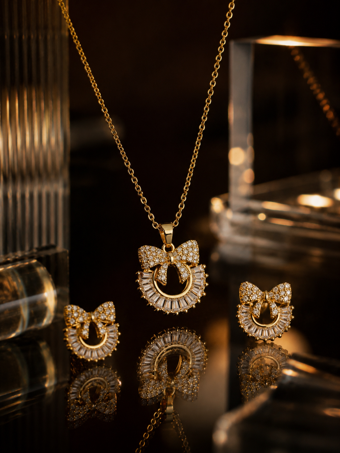 🎀 Crystal Bow Halo Pendant & Earrings Set