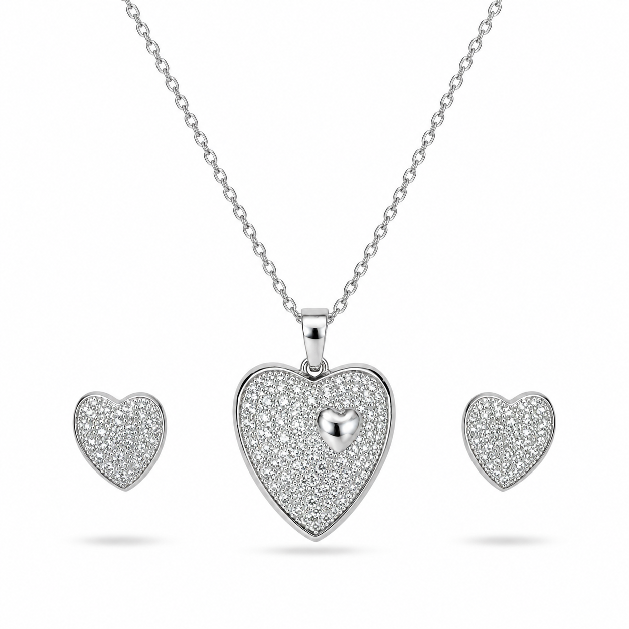 🤍 Eternal Sparkle Heart Pendant & Earrings Set