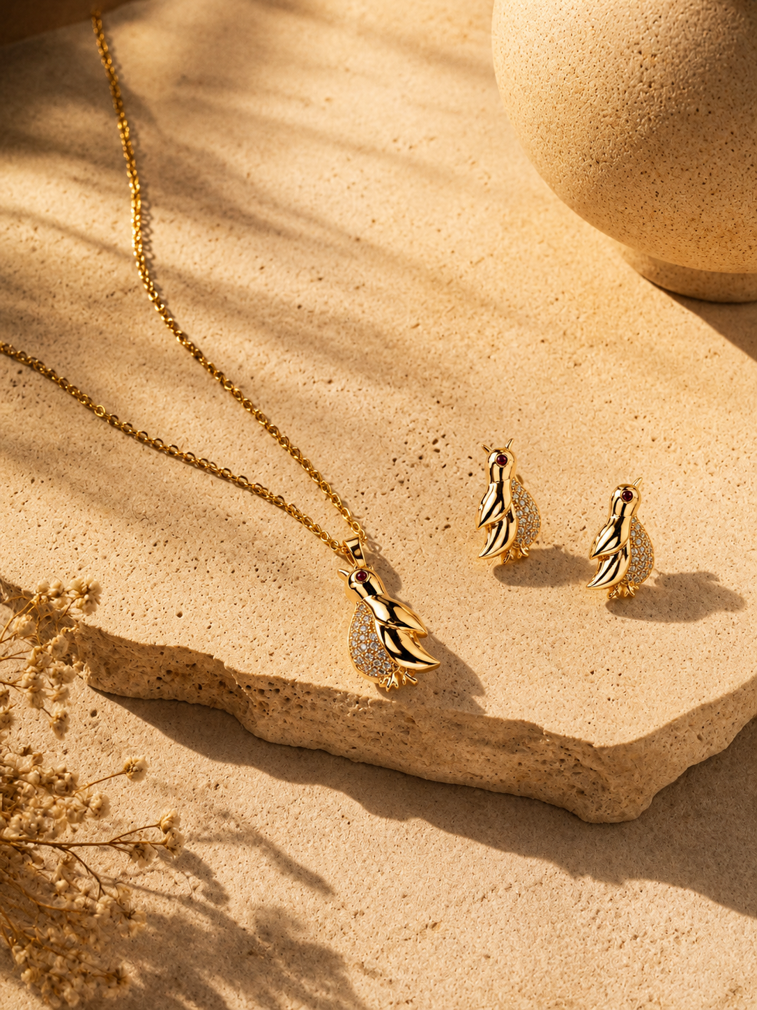 🐦 Golden Songbird Necklace & Earrings Set
