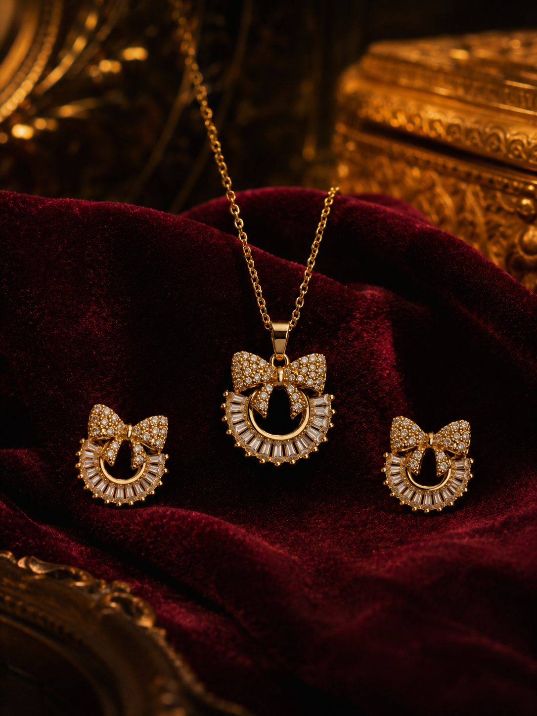 🎀 Crystal Bow Halo Pendant & Earrings Set
