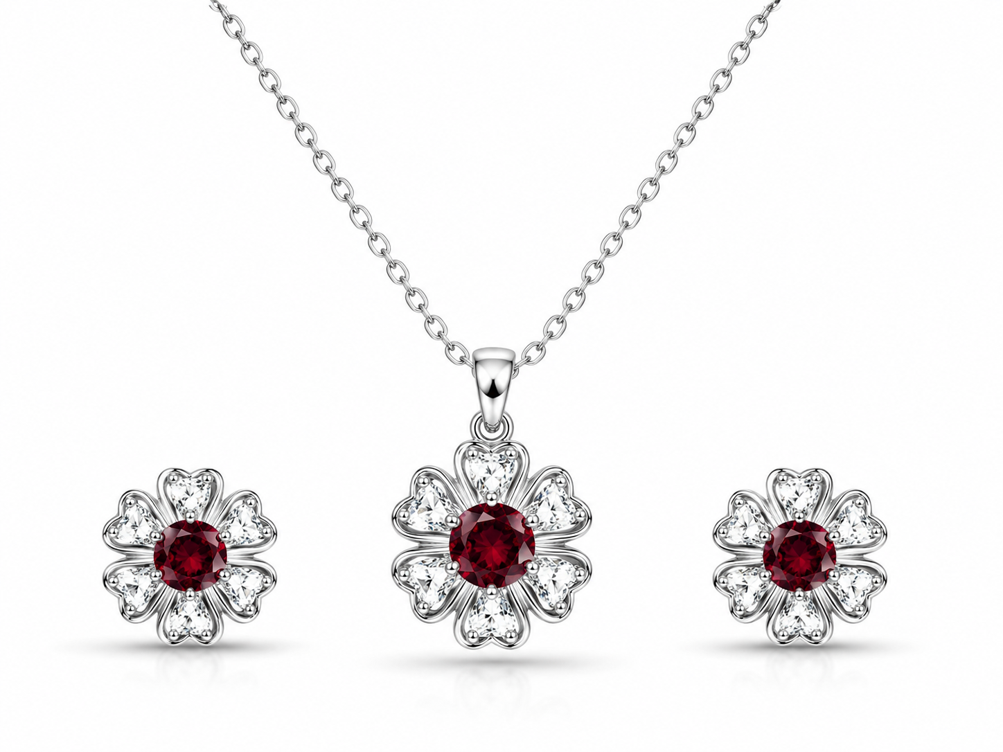 ❤️ Ruby Blossom Floral Pendant & Earrings Set