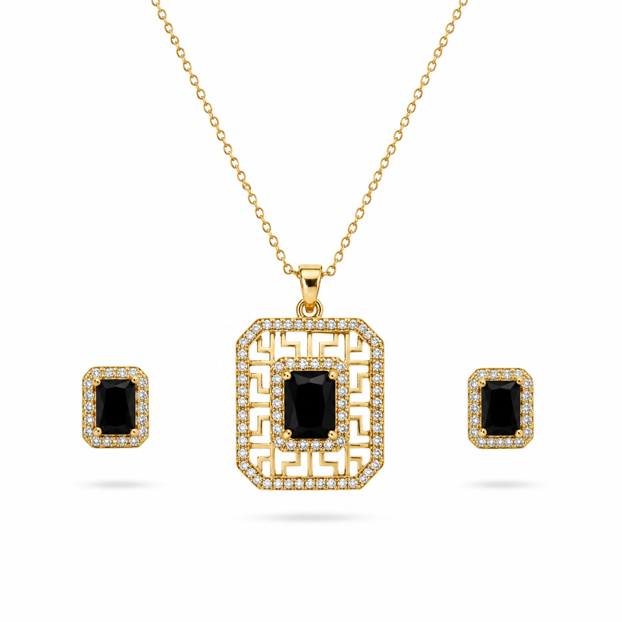 🖤 Royal Black Crystal Geometric Pendant & Earrings Set