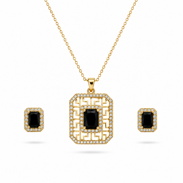 🖤 Royal Black Crystal Geometric Pendant & Earrings Set