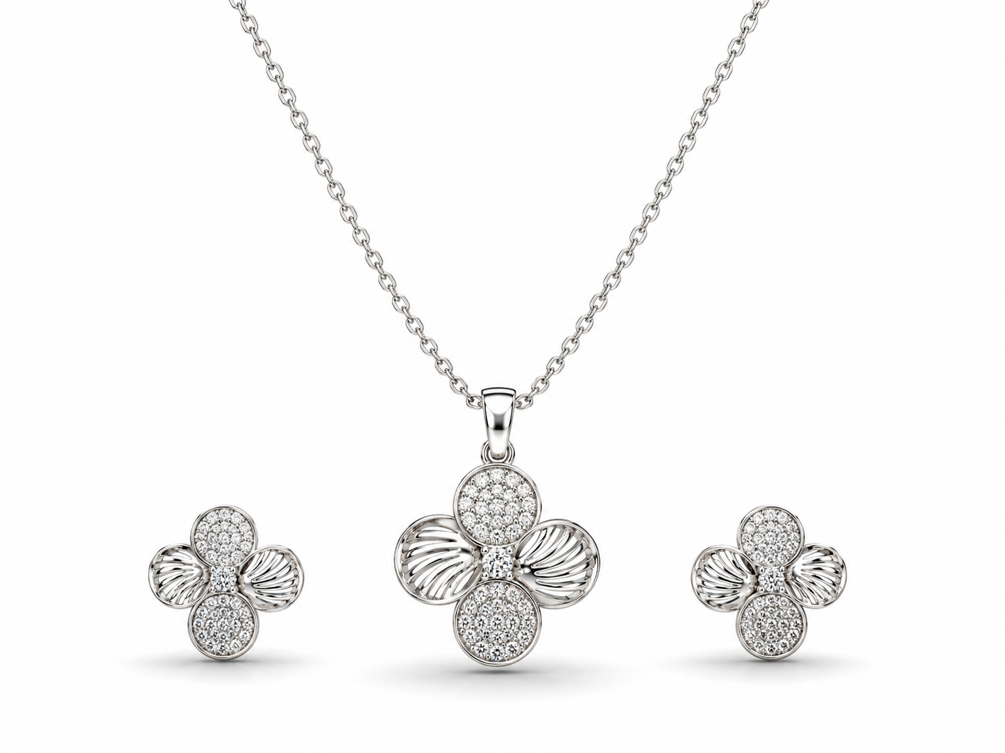 ✨ Silver Blossom Floral Pendant & Earrings Set