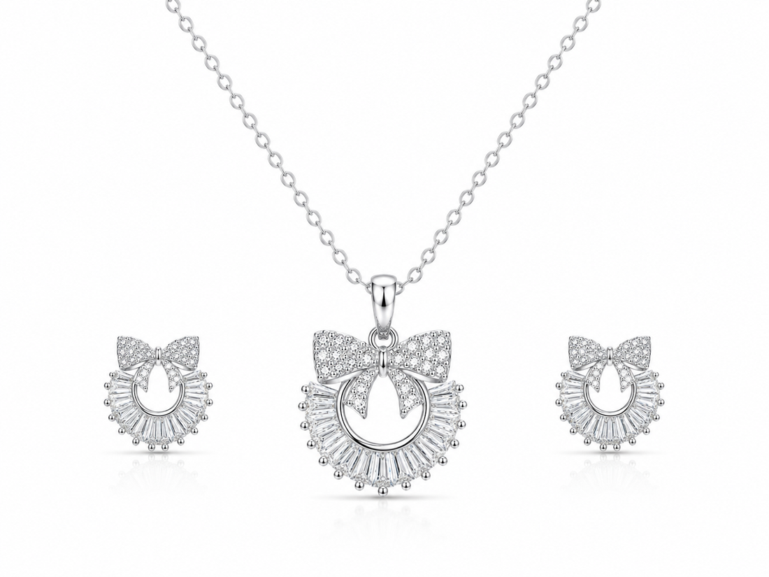 🎀 Crystal Bow Halo Pendant & Earrings Set