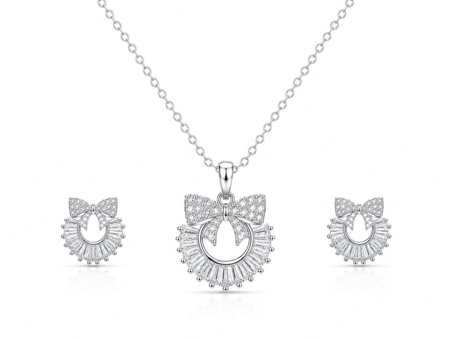 🎀 Crystal Bow Halo Pendant & Earrings Set