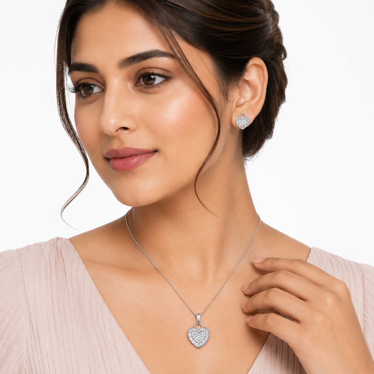 Silver Heart Lock Zircon Pendant & Earrings Set