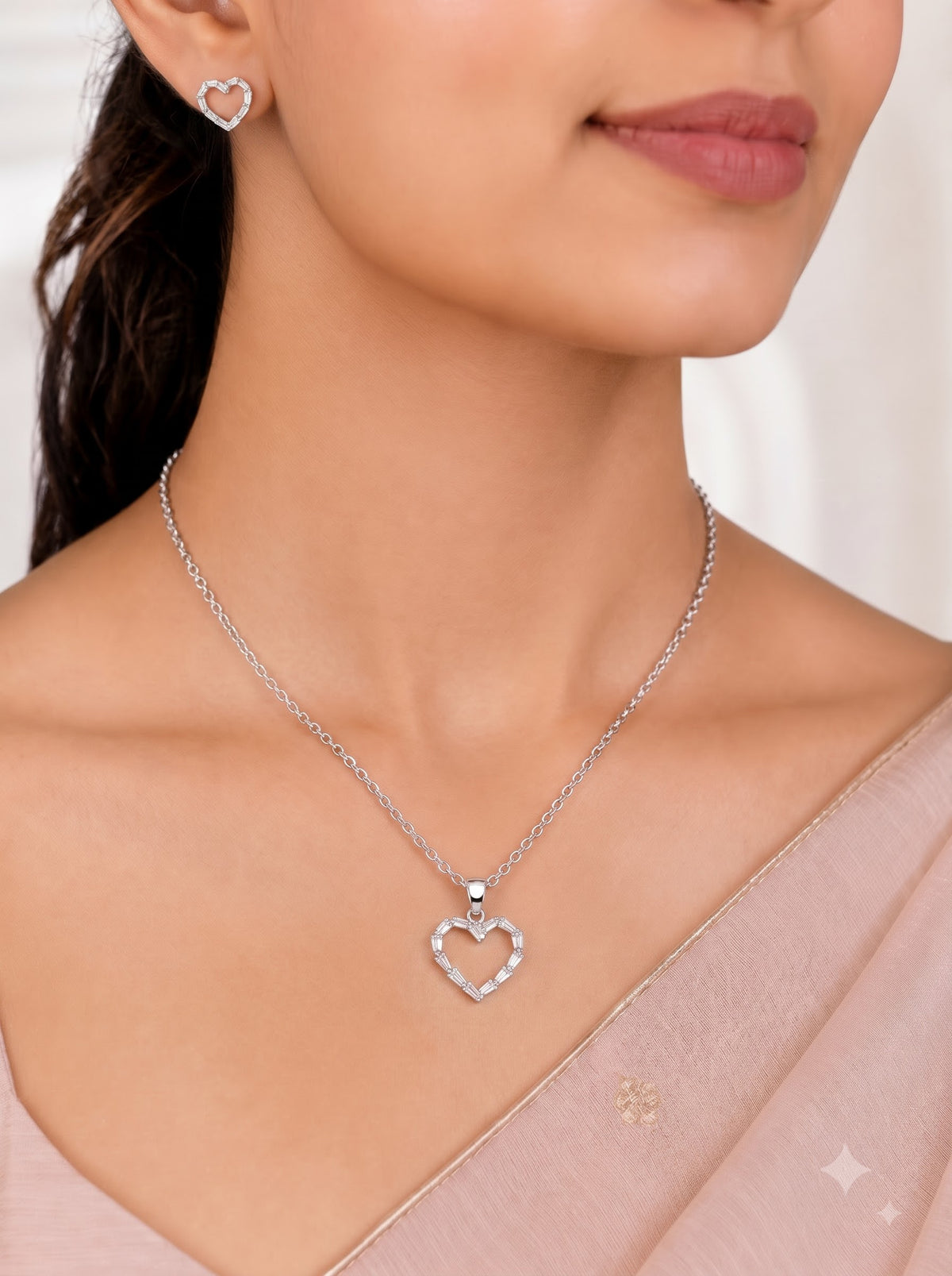 💖 Elegant Open Heart Crystal Pendant & Earrings Set