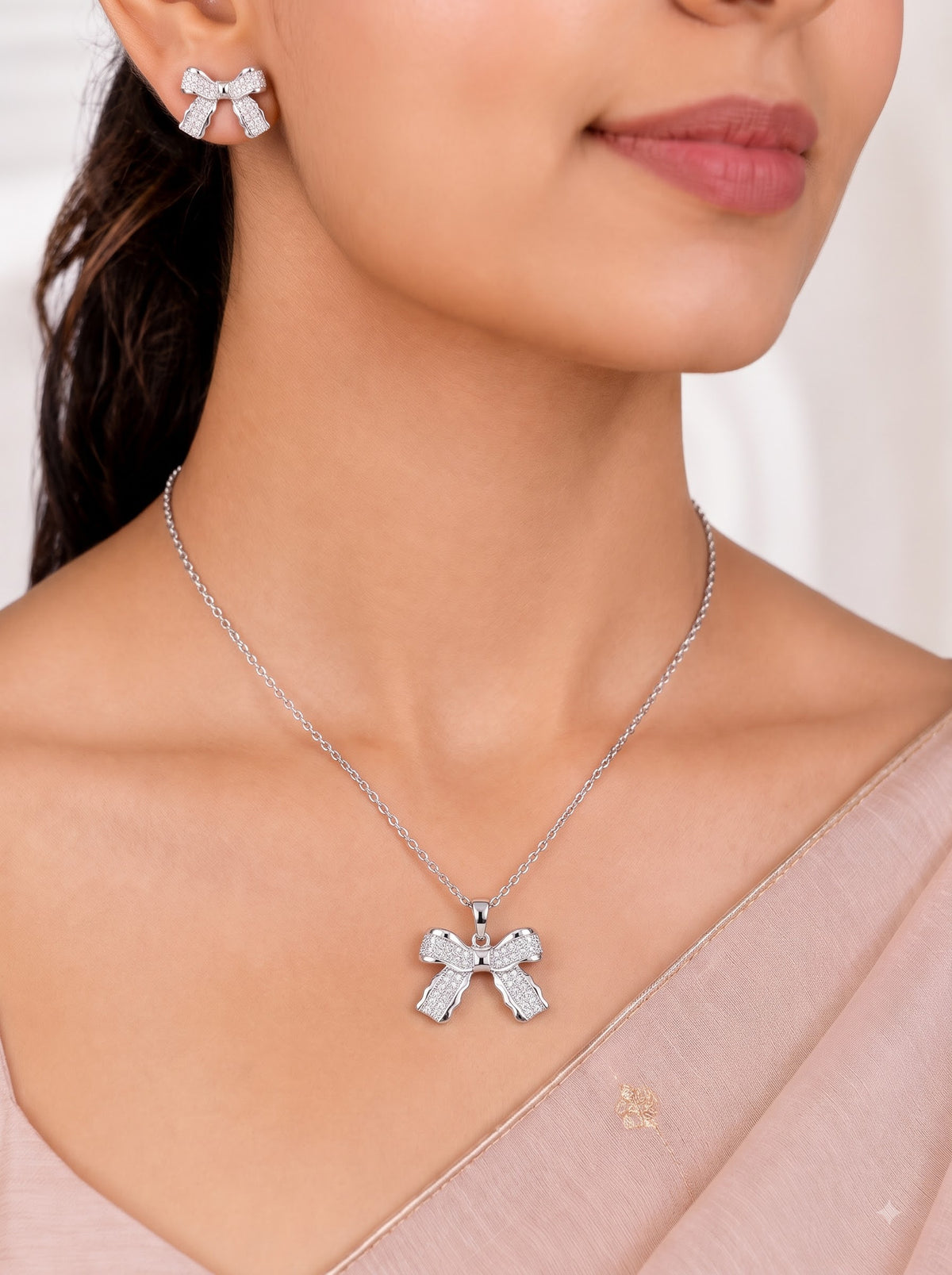🎀 Crystal Bow Elegance Pendant & Earrings Set