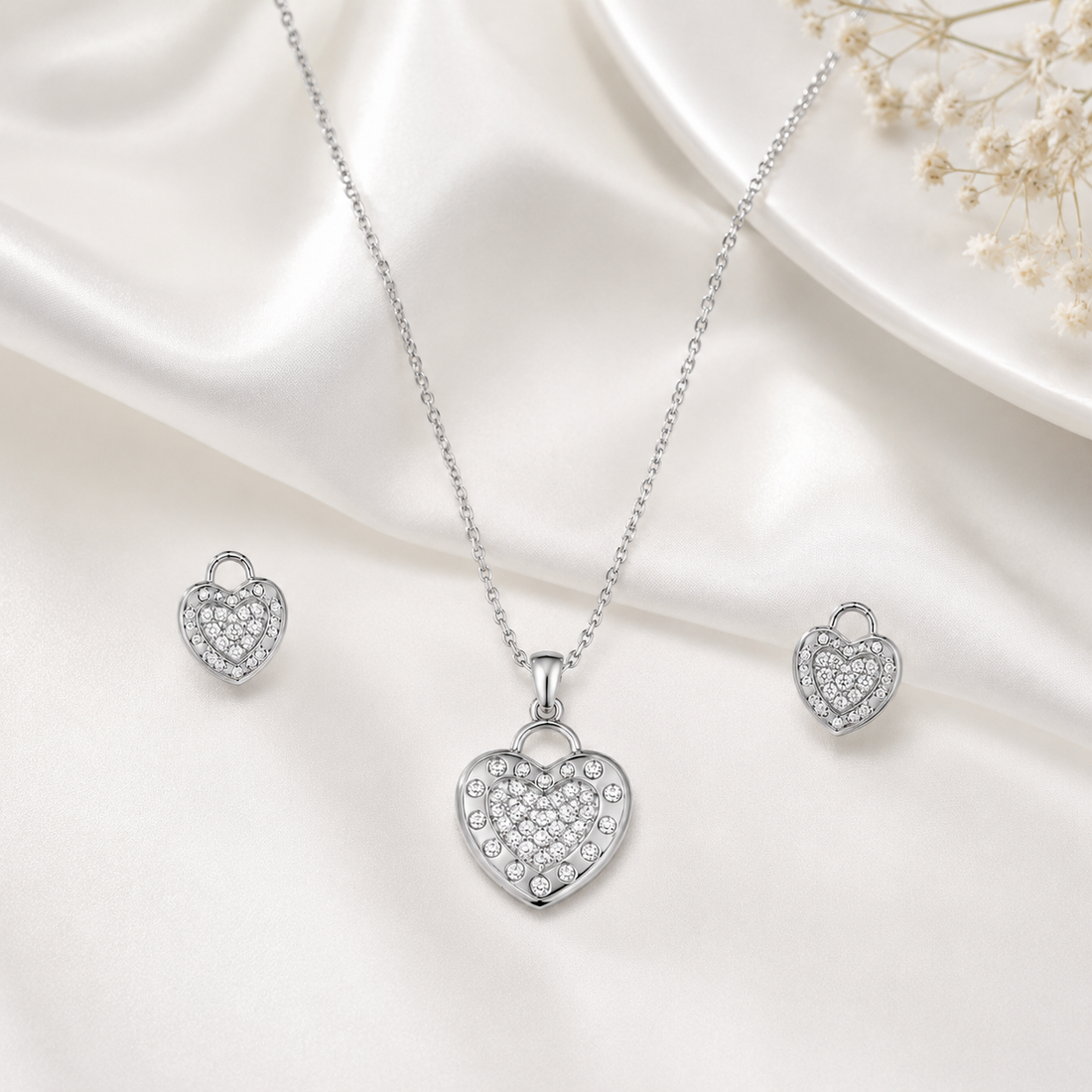Silver Heart Lock Zircon Pendant & Earrings Set