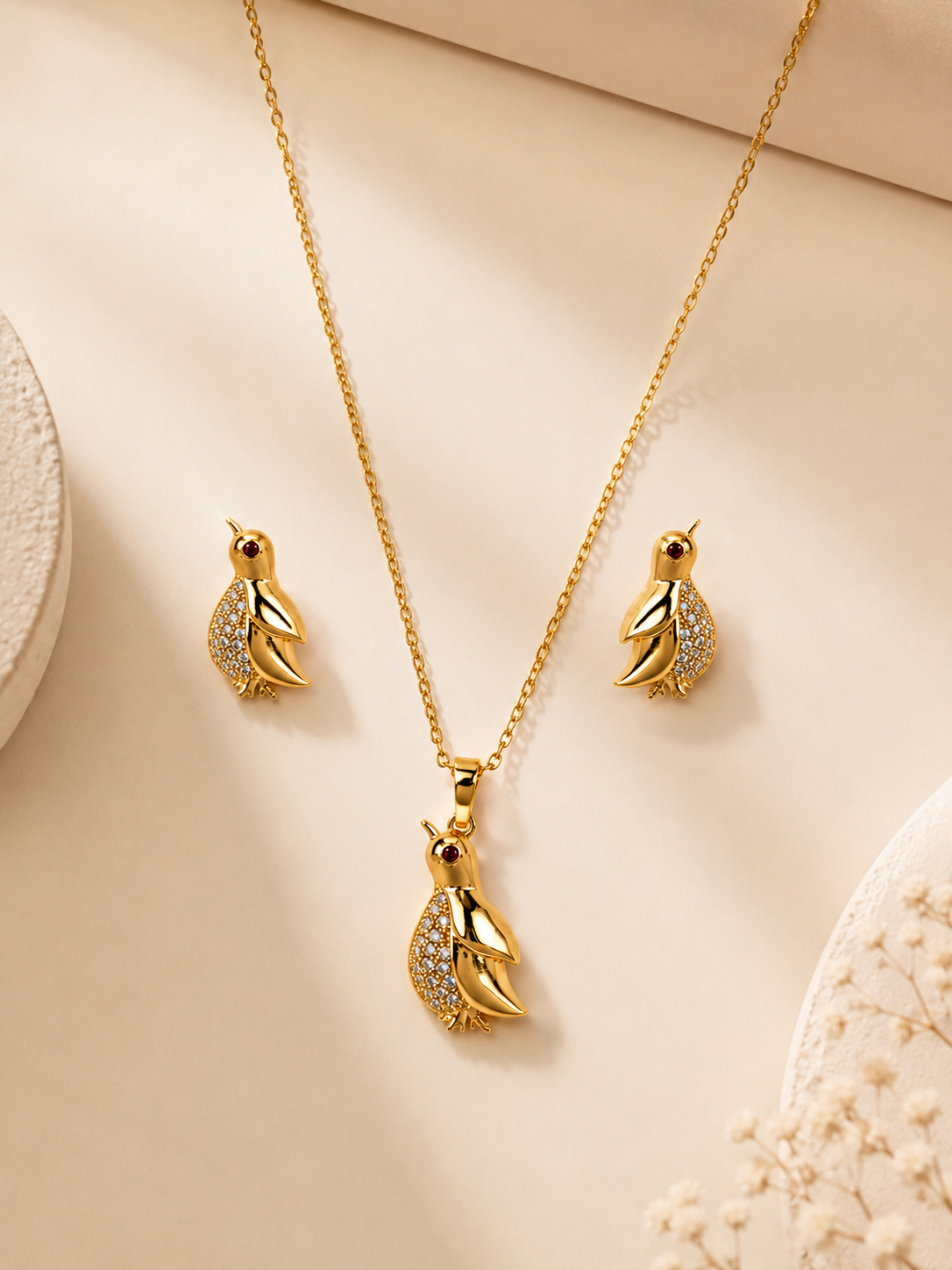 🐦 Golden Songbird Necklace & Earrings Set
