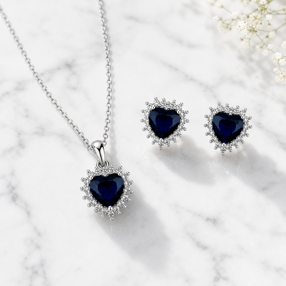 💙 Royal Sapphire Heart Pendant & Earrings Set