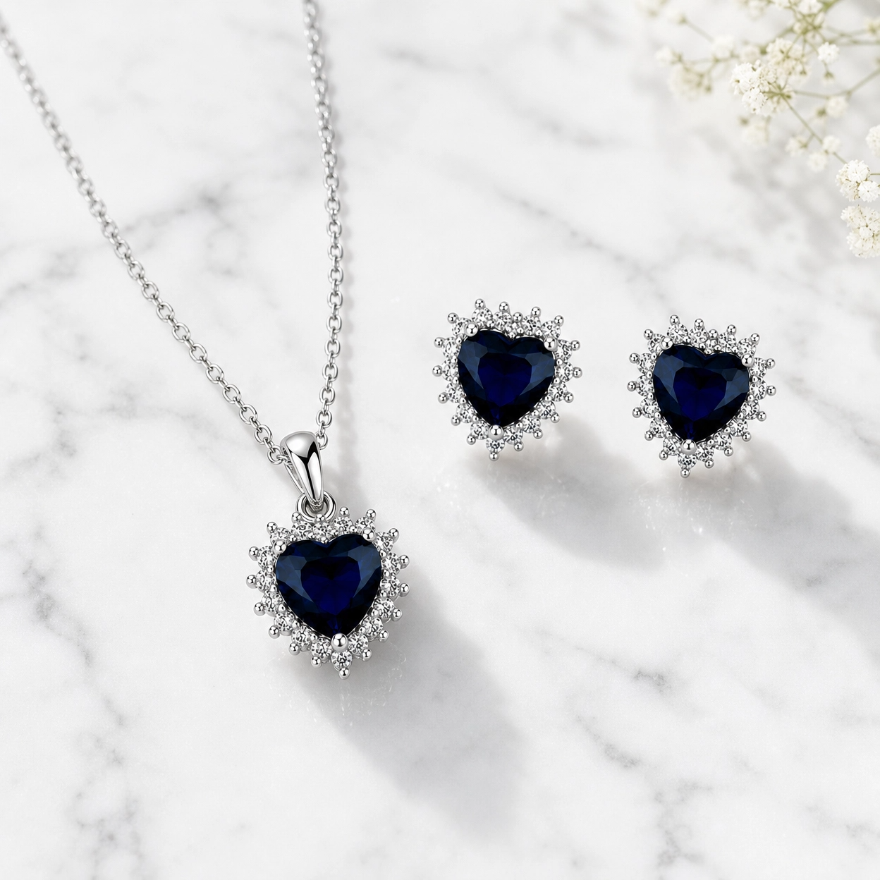 💙 Royal Sapphire Heart Pendant & Earrings Set