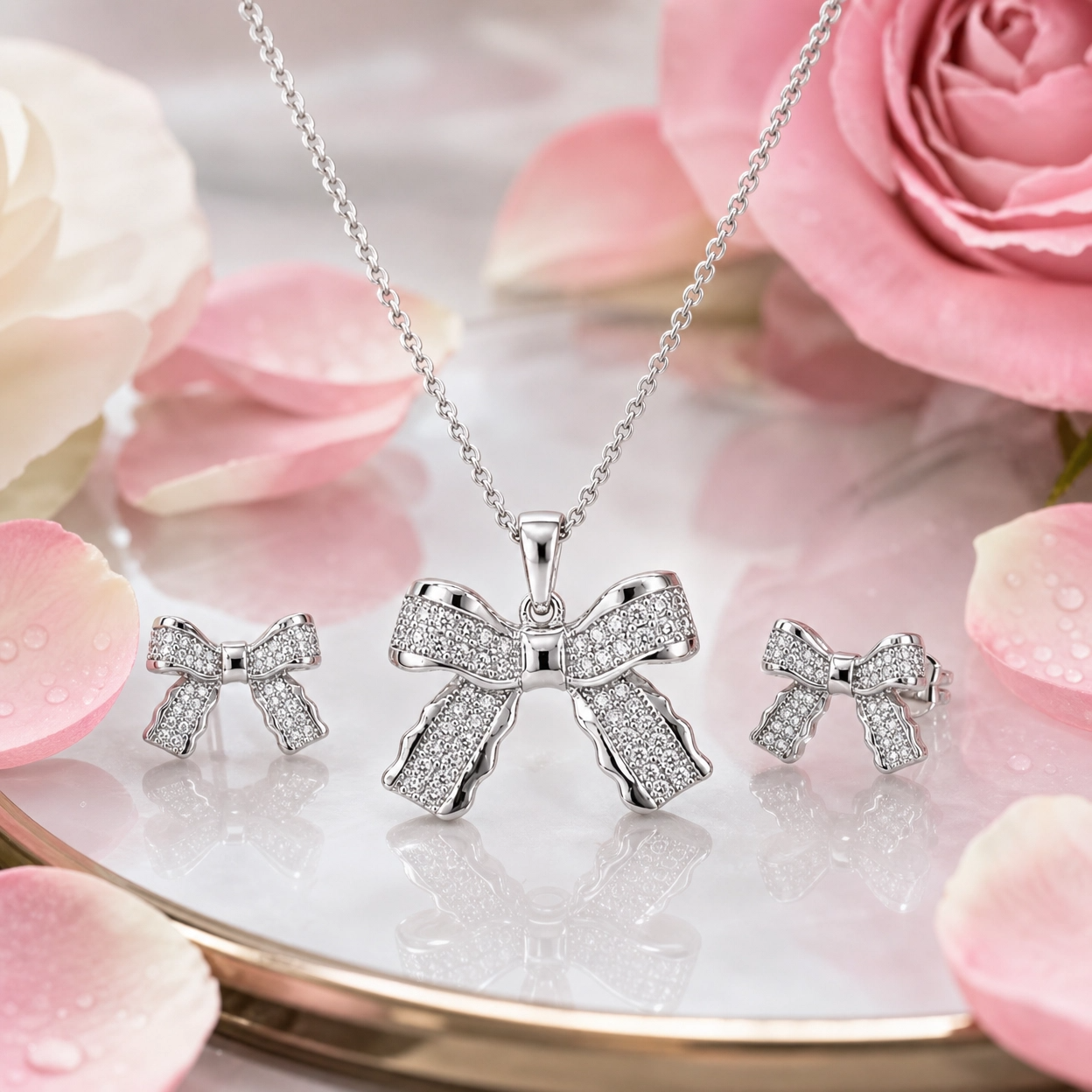 🎀 Crystal Bow Elegance Pendant & Earrings Set