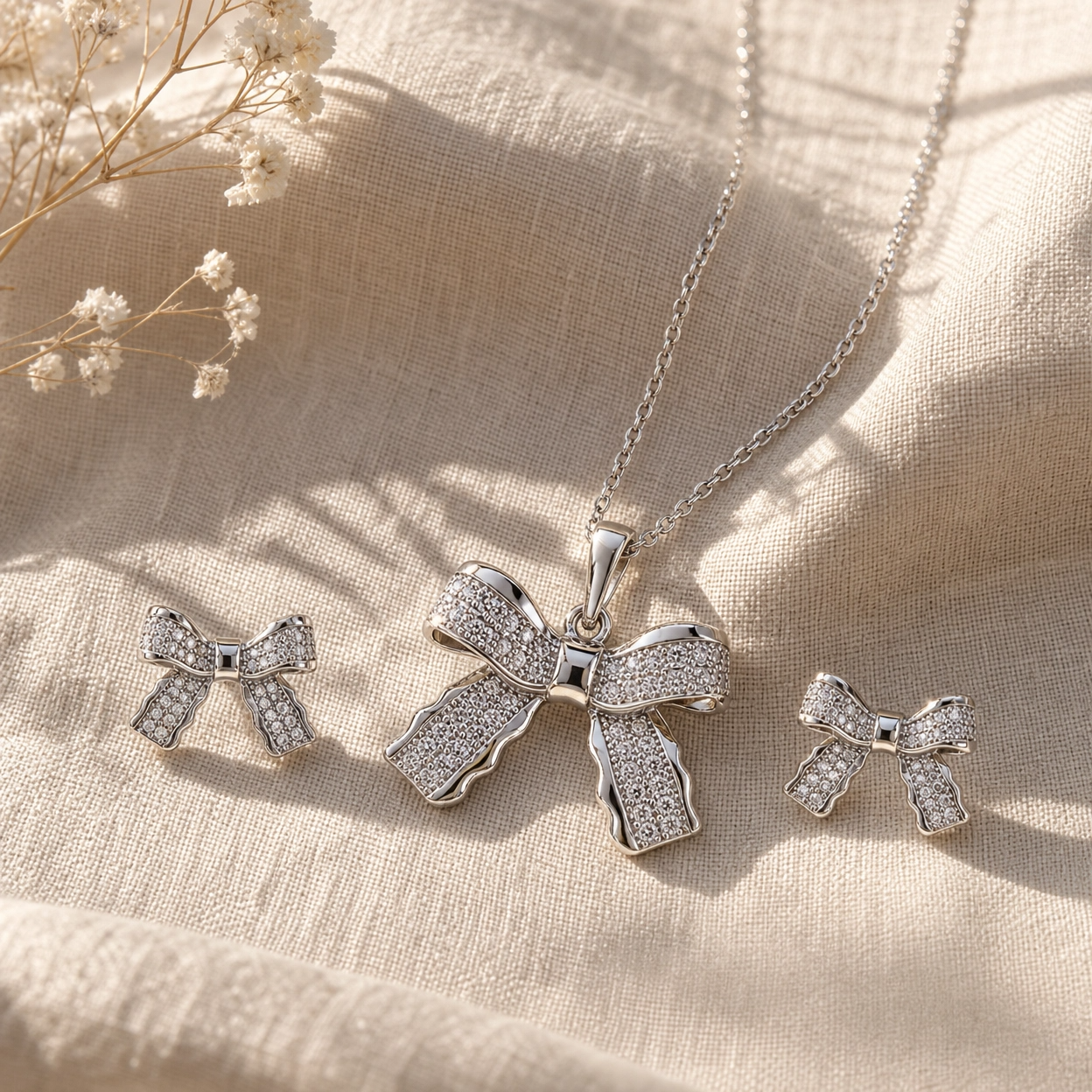 🎀 Crystal Bow Elegance Pendant & Earrings Set