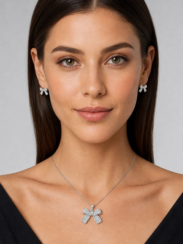 🎀 Crystal Bow Elegance Pendant & Earrings Set