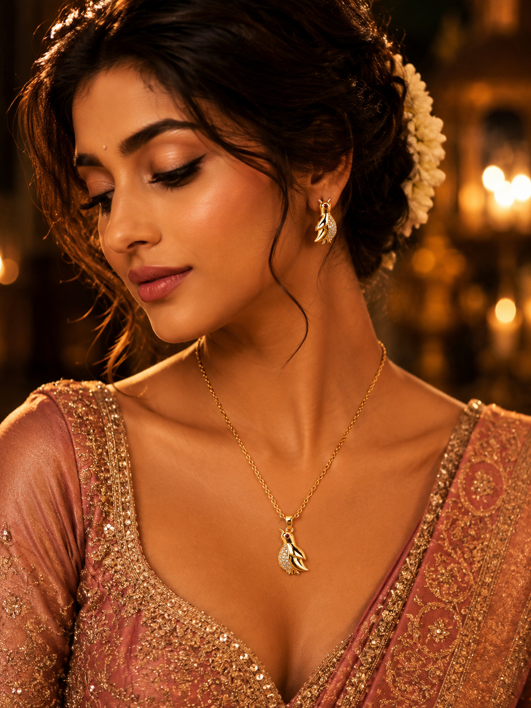 🐦 Golden Songbird Necklace & Earrings Set