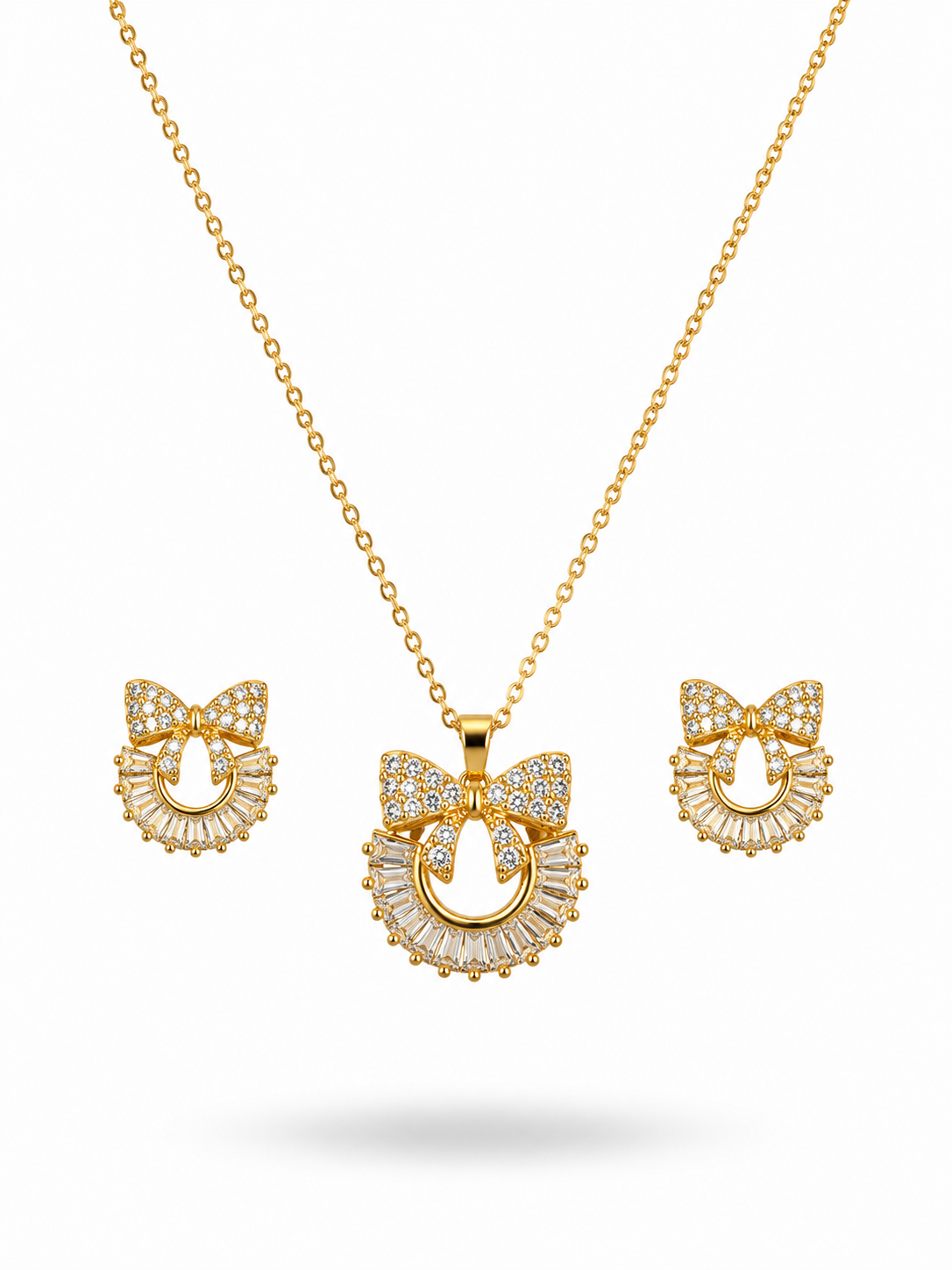 🎀 Crystal Bow Halo Pendant & Earrings Set