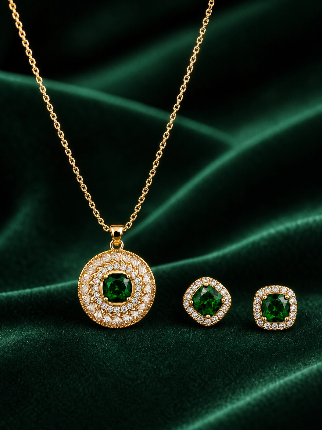 💚 Emerald Royale Halo Pendant & Earrings Set