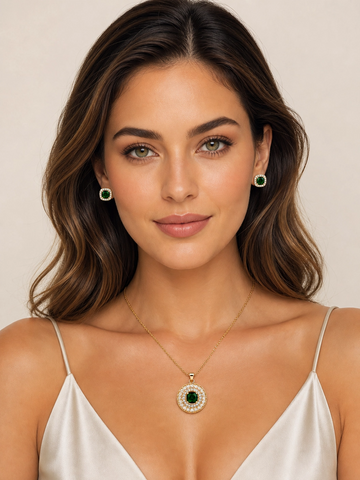 💚 Emerald Royale Halo Pendant & Earrings Set