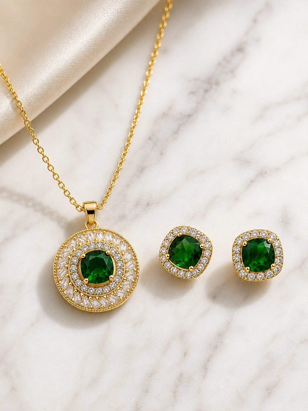 💚 Emerald Royale Halo Pendant & Earrings Set