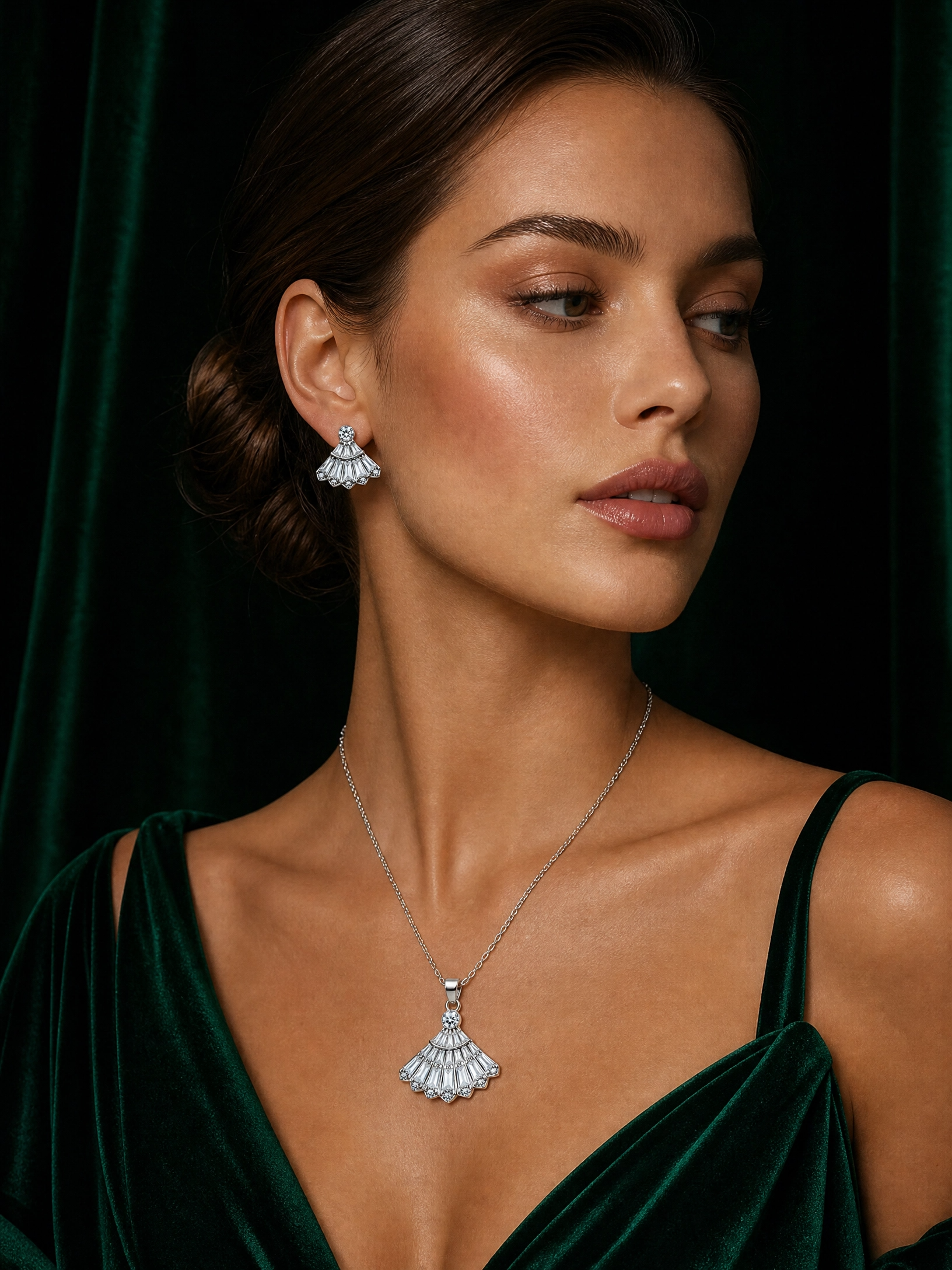 ✨ Elegant Fan Crystal Pendant & Earrings Set