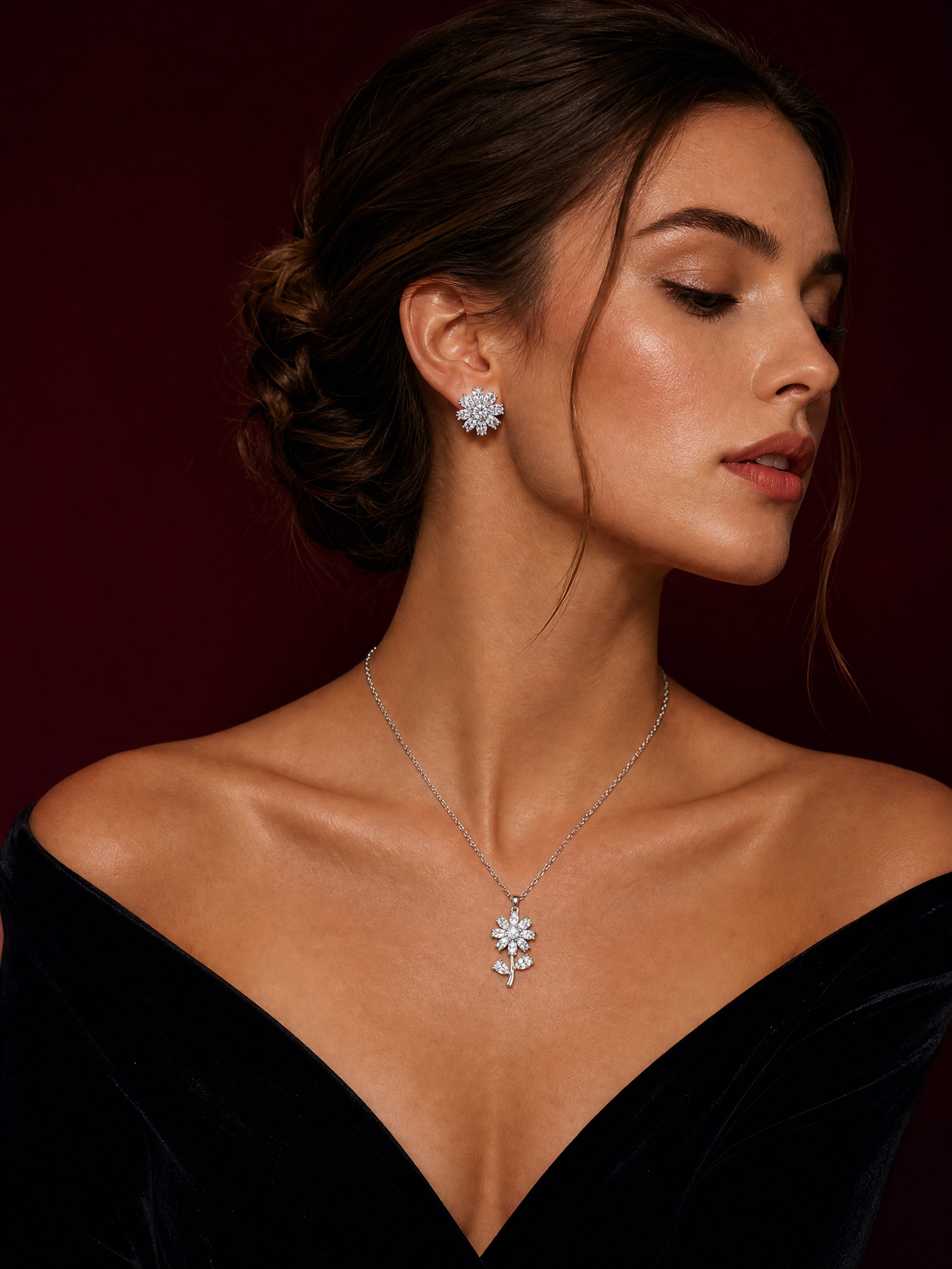 🌸 Elegant Floral Crystal Pendant & Earrings Set