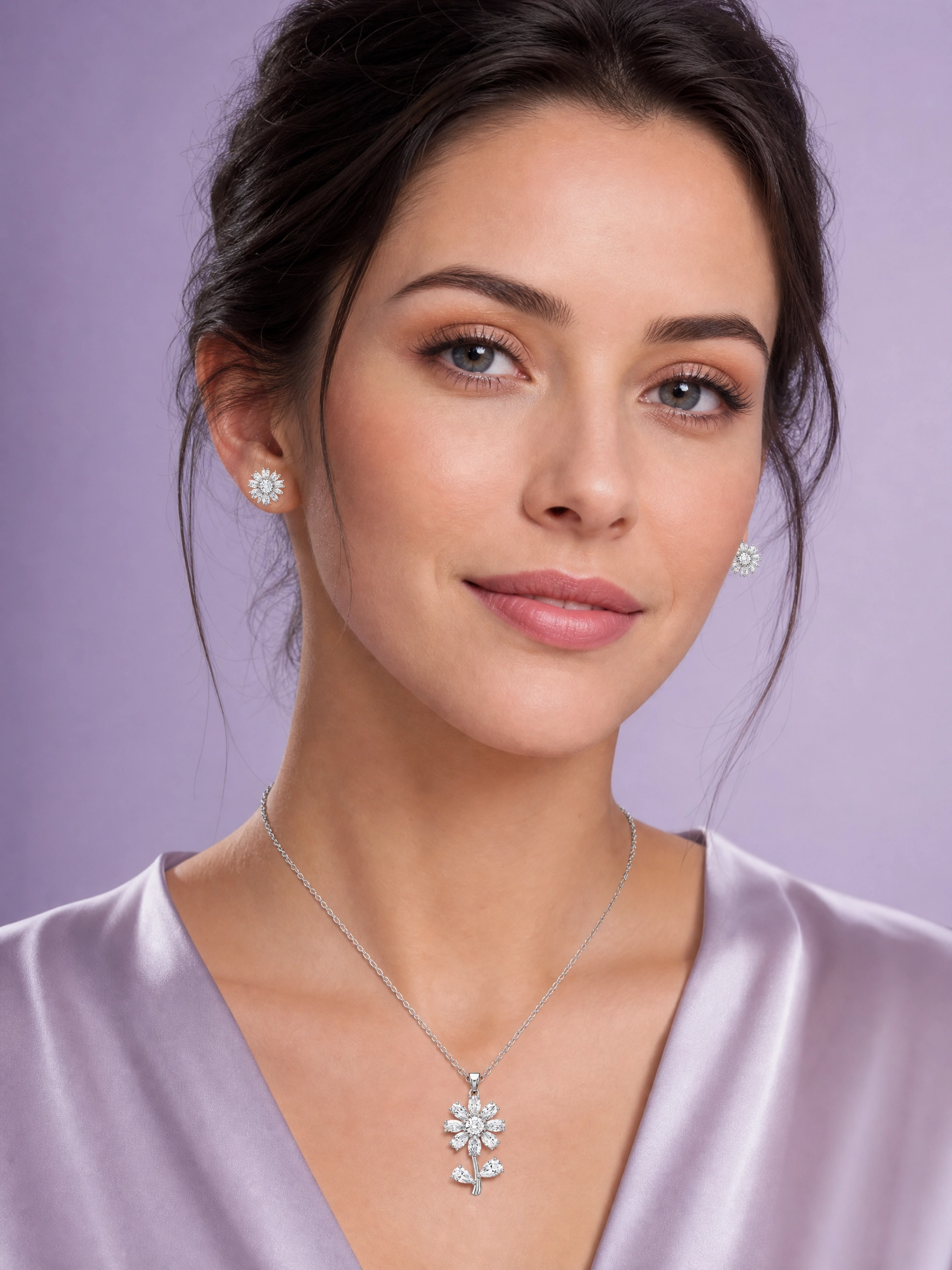 🌸 Elegant Floral Crystal Pendant & Earrings Set