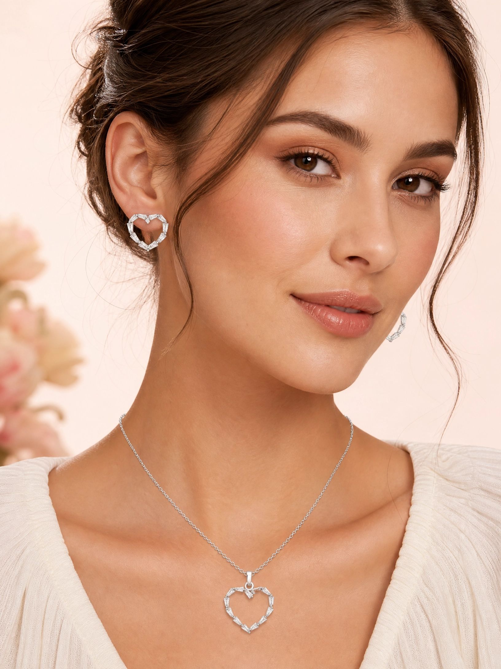 💖 Elegant Open Heart Crystal Pendant & Earrings Set