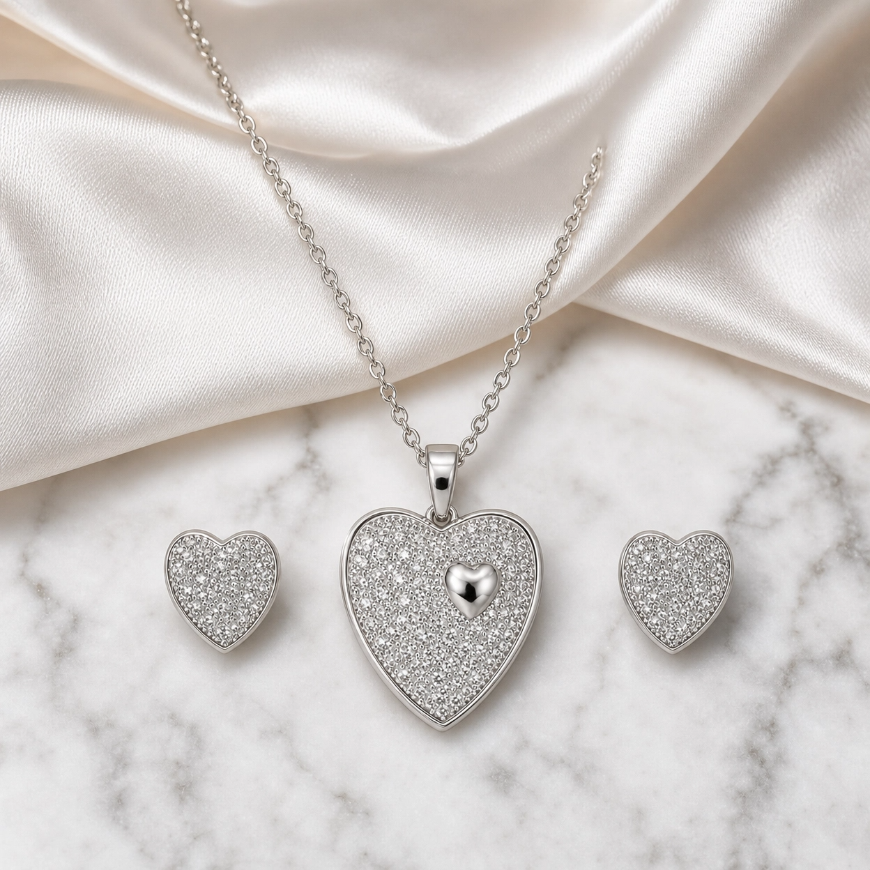 🤍 Eternal Sparkle Heart Pendant & Earrings Set