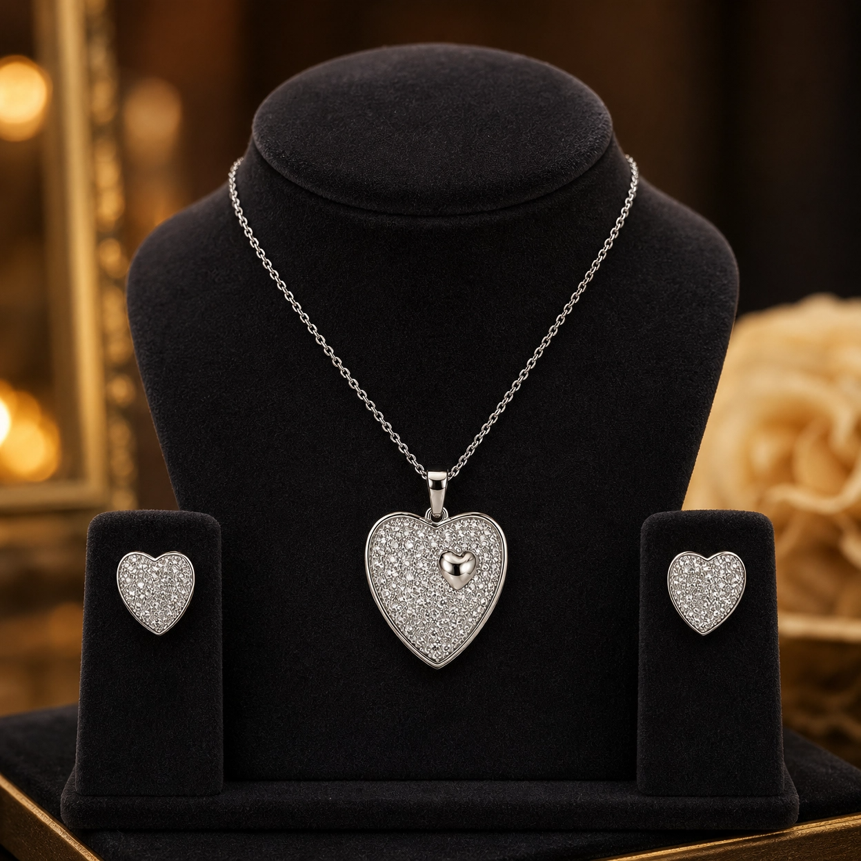 🤍 Eternal Sparkle Heart Pendant & Earrings Set