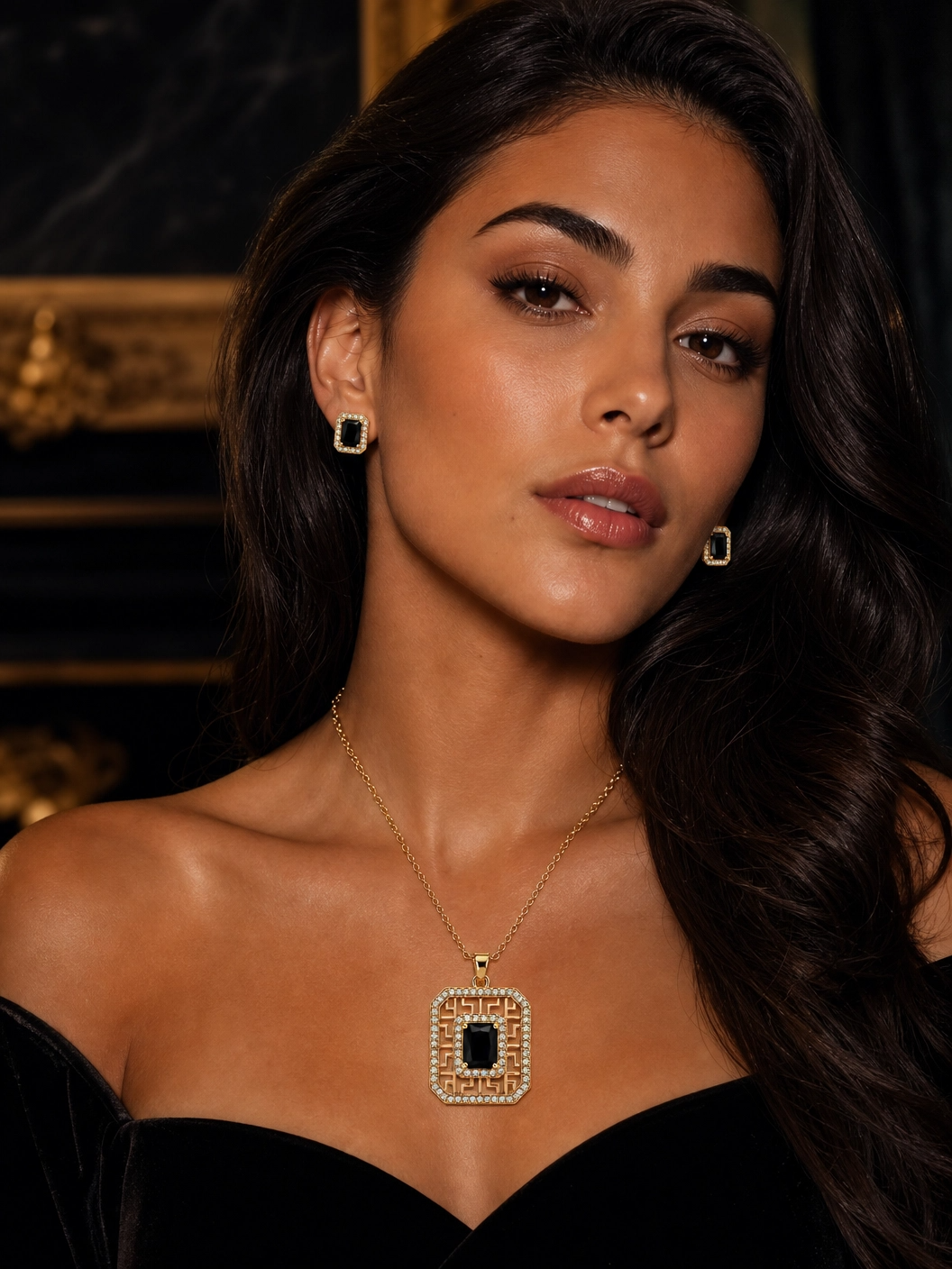 🖤 Royal Black Crystal Geometric Pendant & Earrings Set
