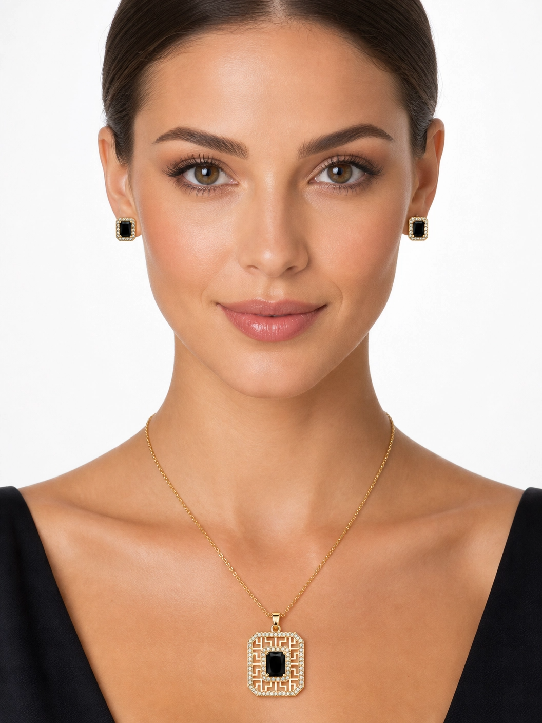 🖤 Royal Black Crystal Geometric Pendant & Earrings Set