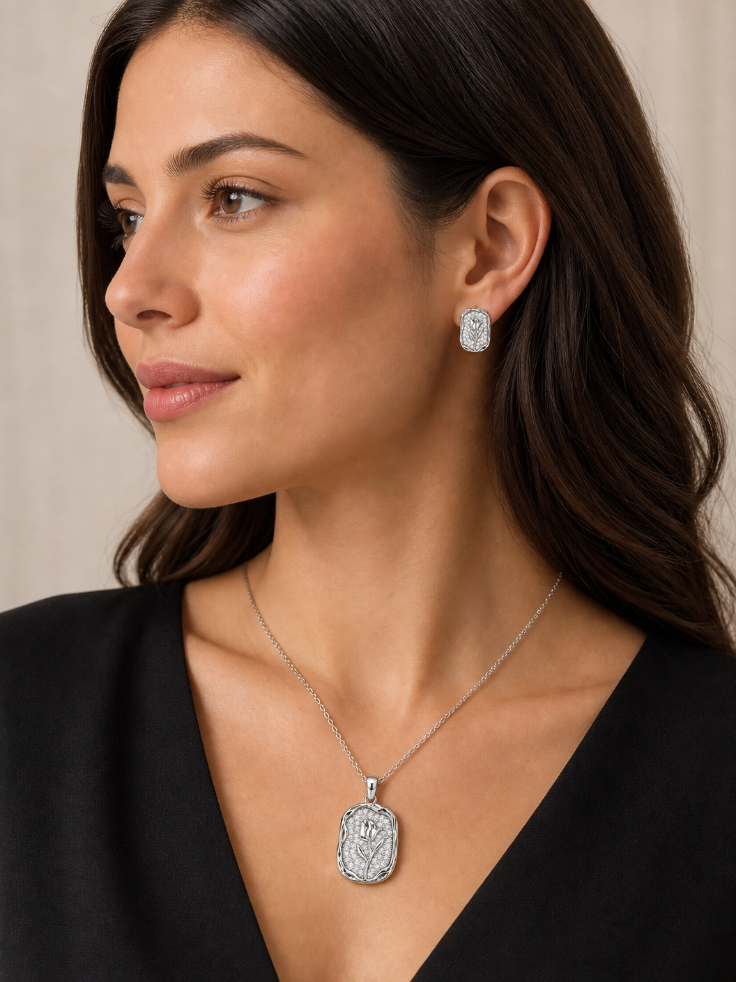 🌷 Elegant Tulip Sparkle Pendant & Earrings Set