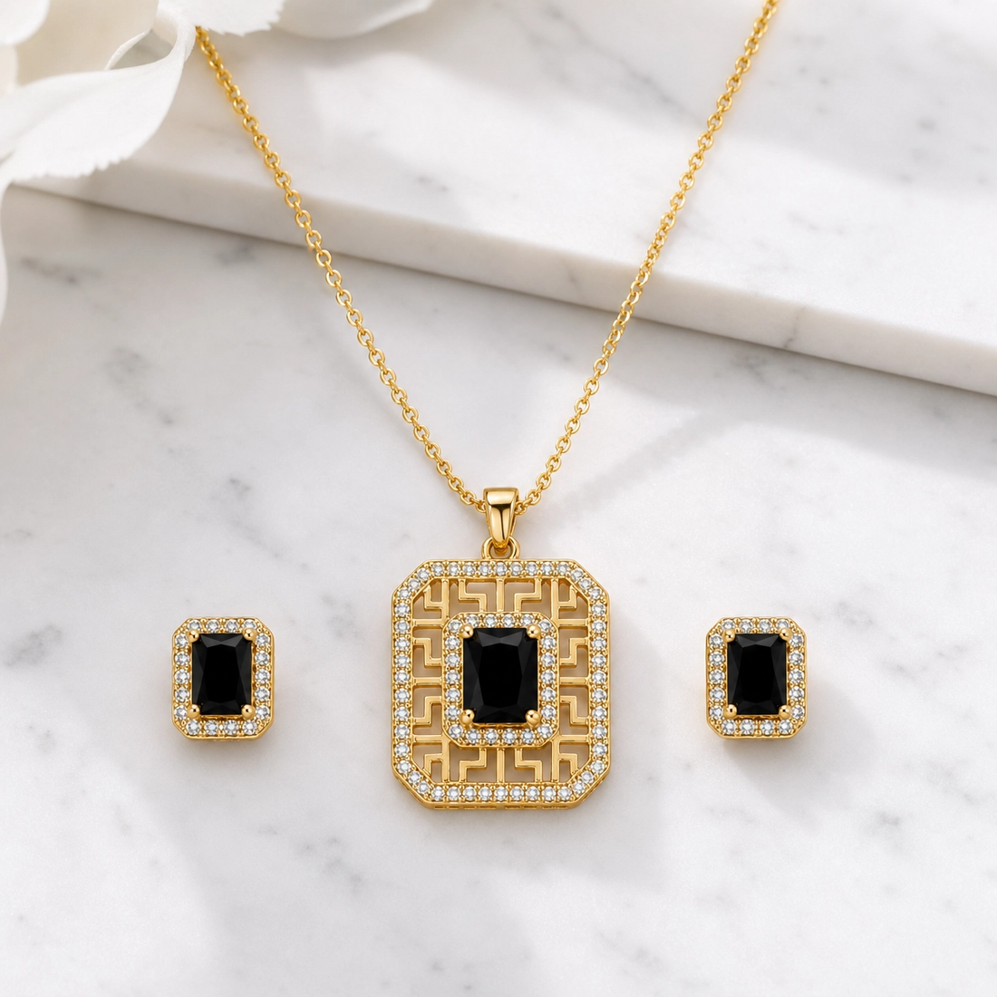🖤 Royal Black Crystal Geometric Pendant & Earrings Set