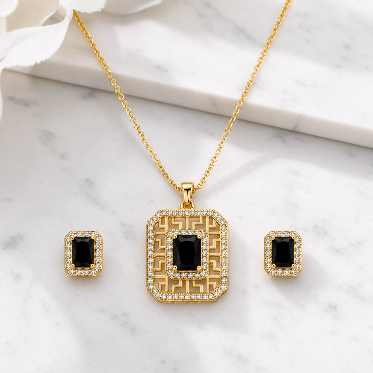 🖤 Royal Black Crystal Geometric Pendant & Earrings Set
