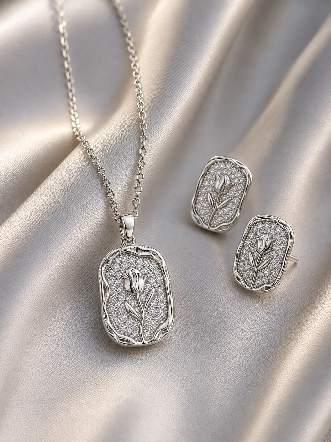 🌷 Elegant Tulip Sparkle Pendant & Earrings Set