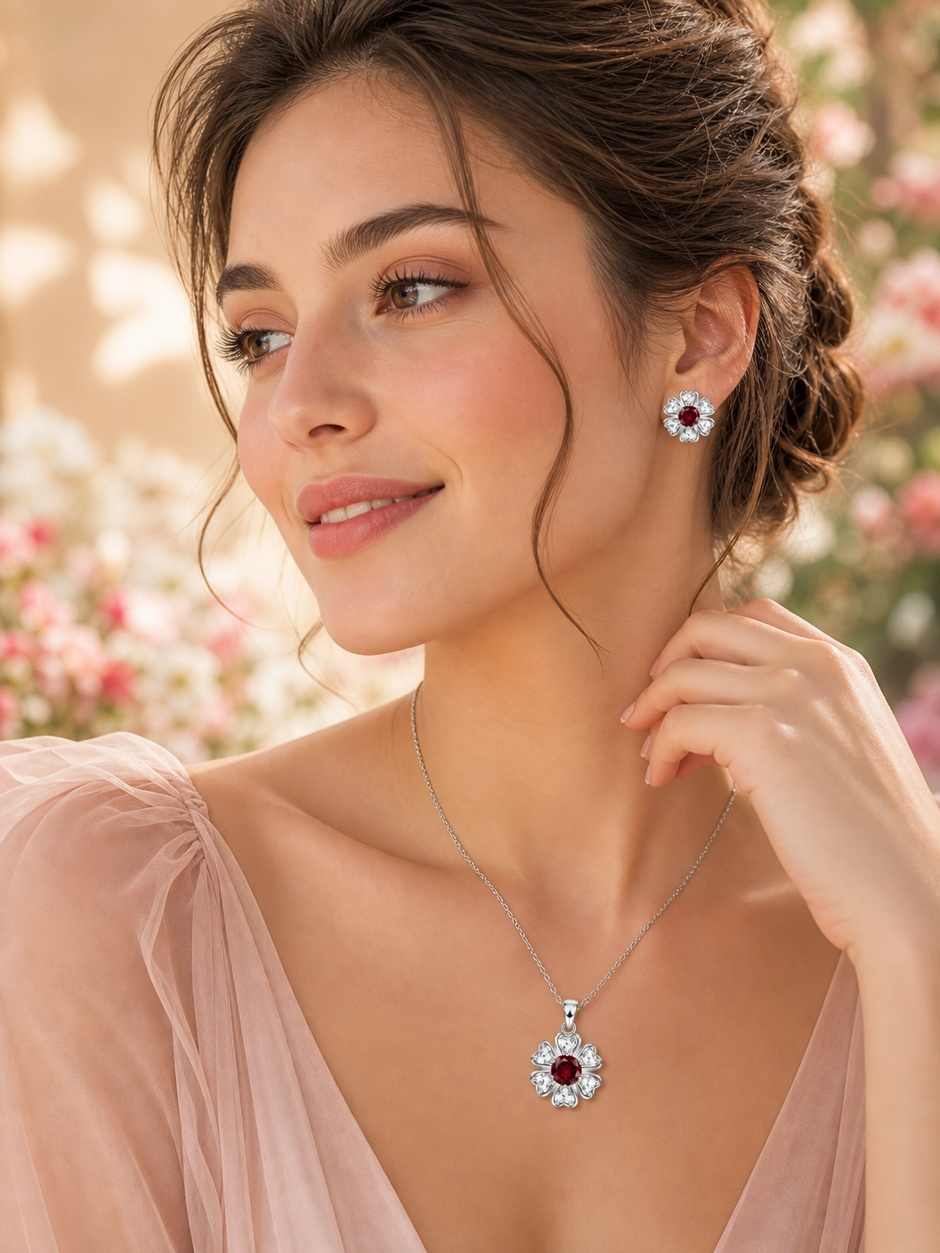 ❤️ Ruby Blossom Floral Pendant & Earrings Set