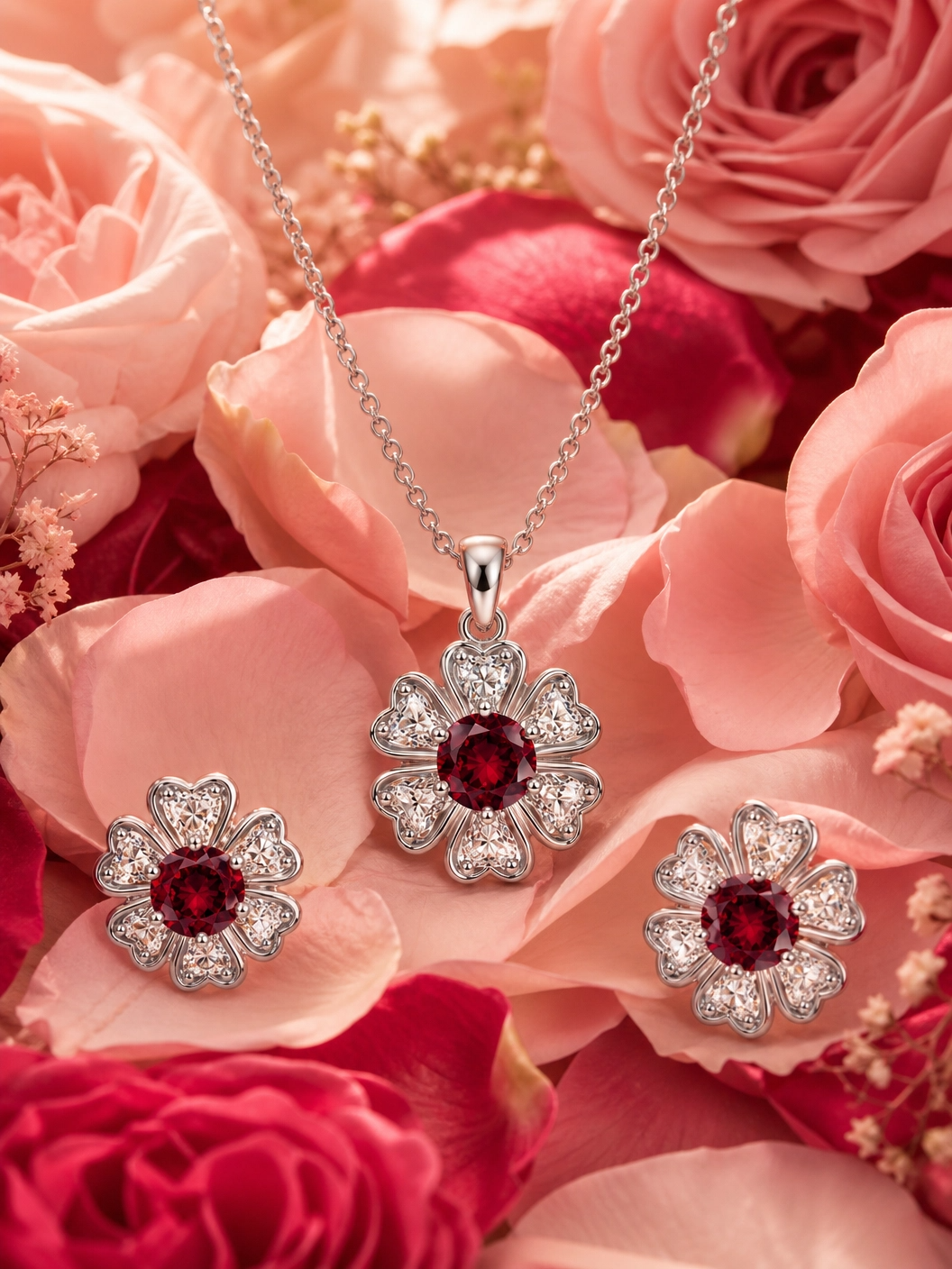 ❤️ Ruby Blossom Floral Pendant & Earrings Set