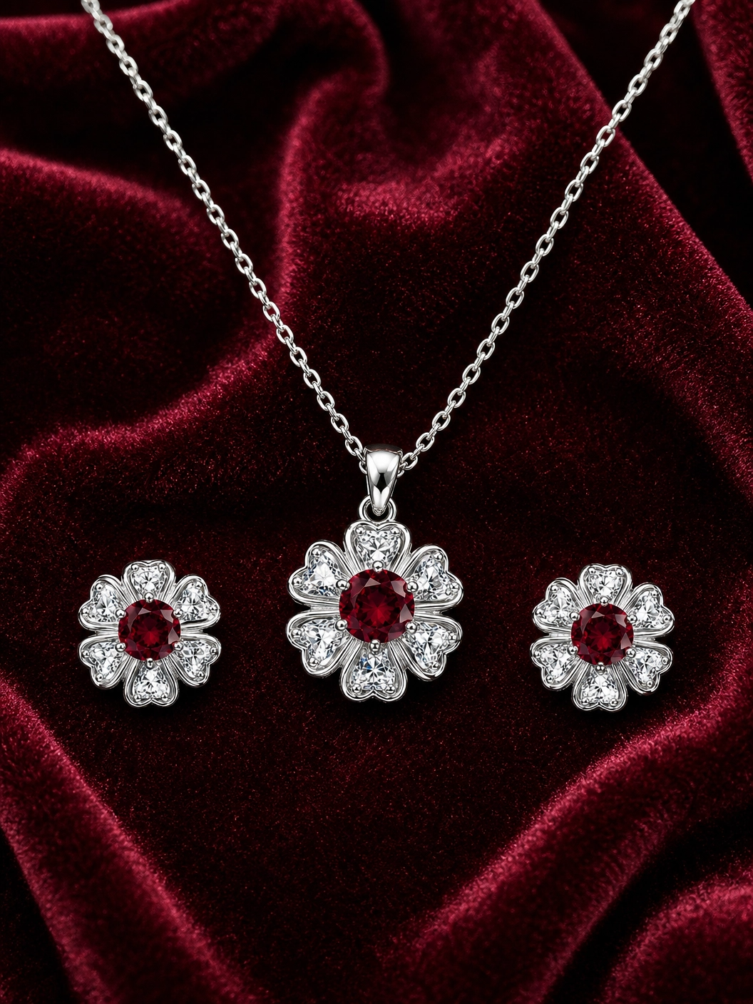 ❤️ Ruby Blossom Floral Pendant & Earrings Set
