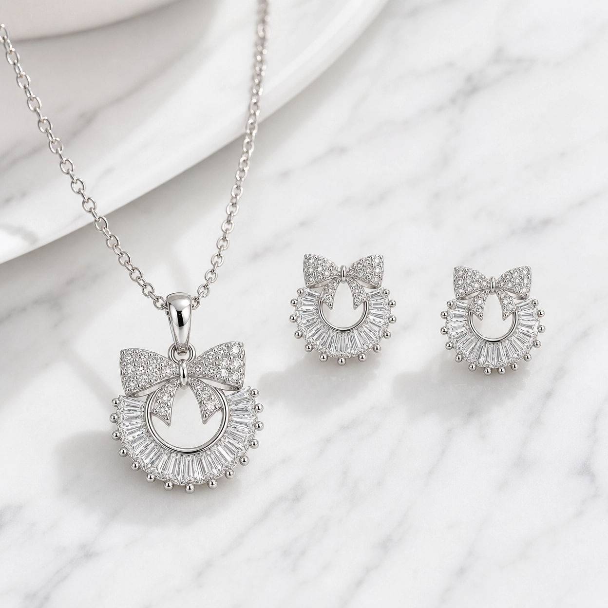 🎀 Crystal Bow Halo Pendant & Earrings Set