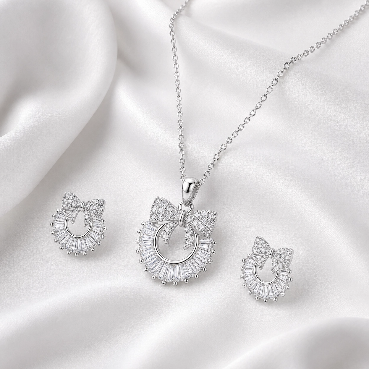 🎀 Crystal Bow Halo Pendant & Earrings Set