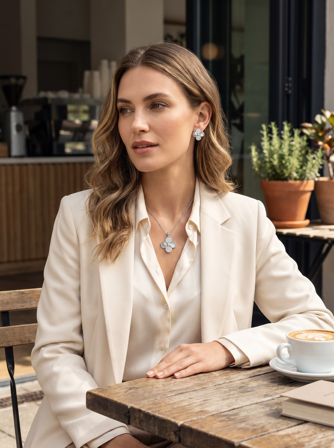 ✨ Silver Blossom Floral Pendant & Earrings Set