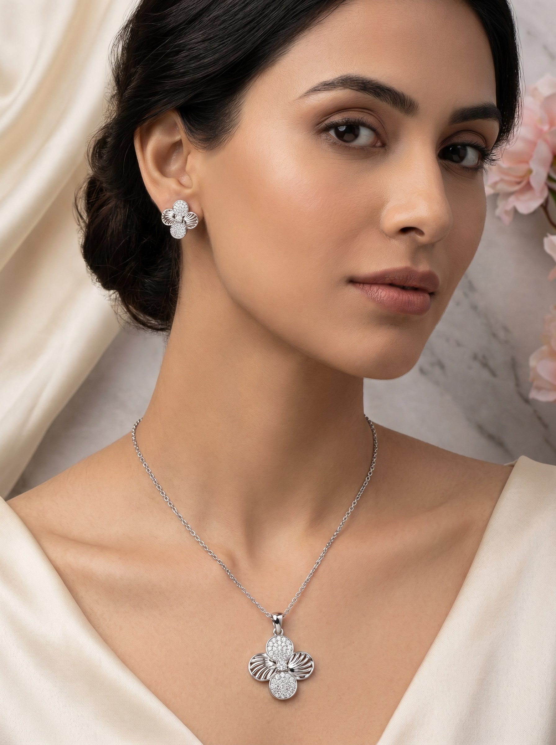 ✨ Silver Blossom Floral Pendant & Earrings Set