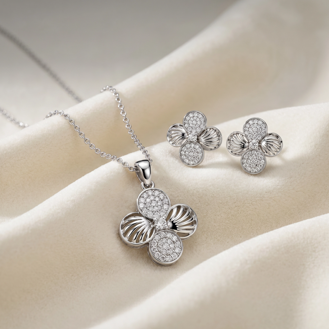 ✨ Silver Blossom Floral Pendant & Earrings Set
