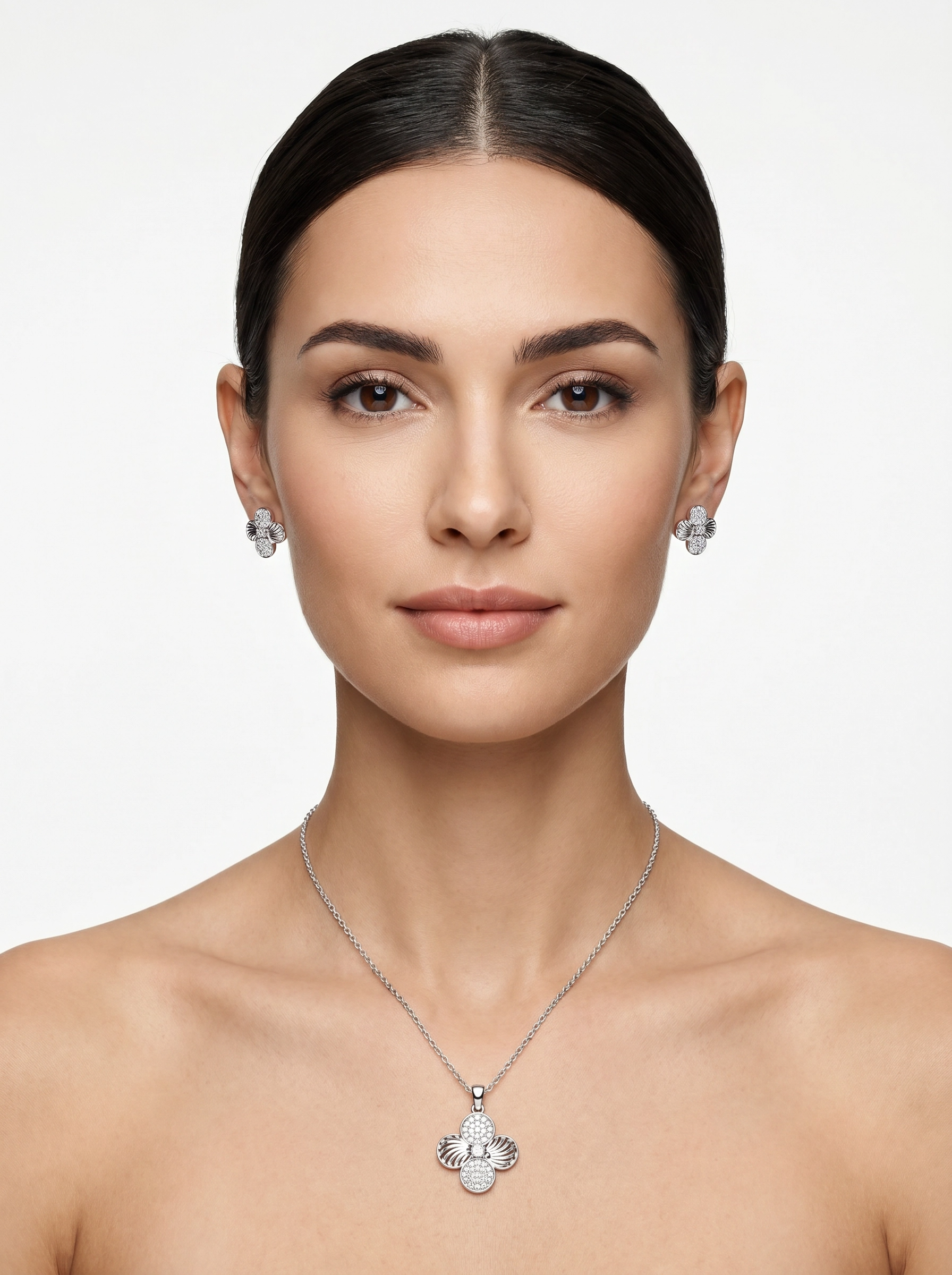 ✨ Silver Blossom Floral Pendant & Earrings Set